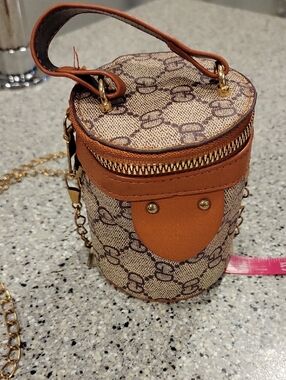 Brown Patterned Cylinder Crossbody Bag with Gold Chain